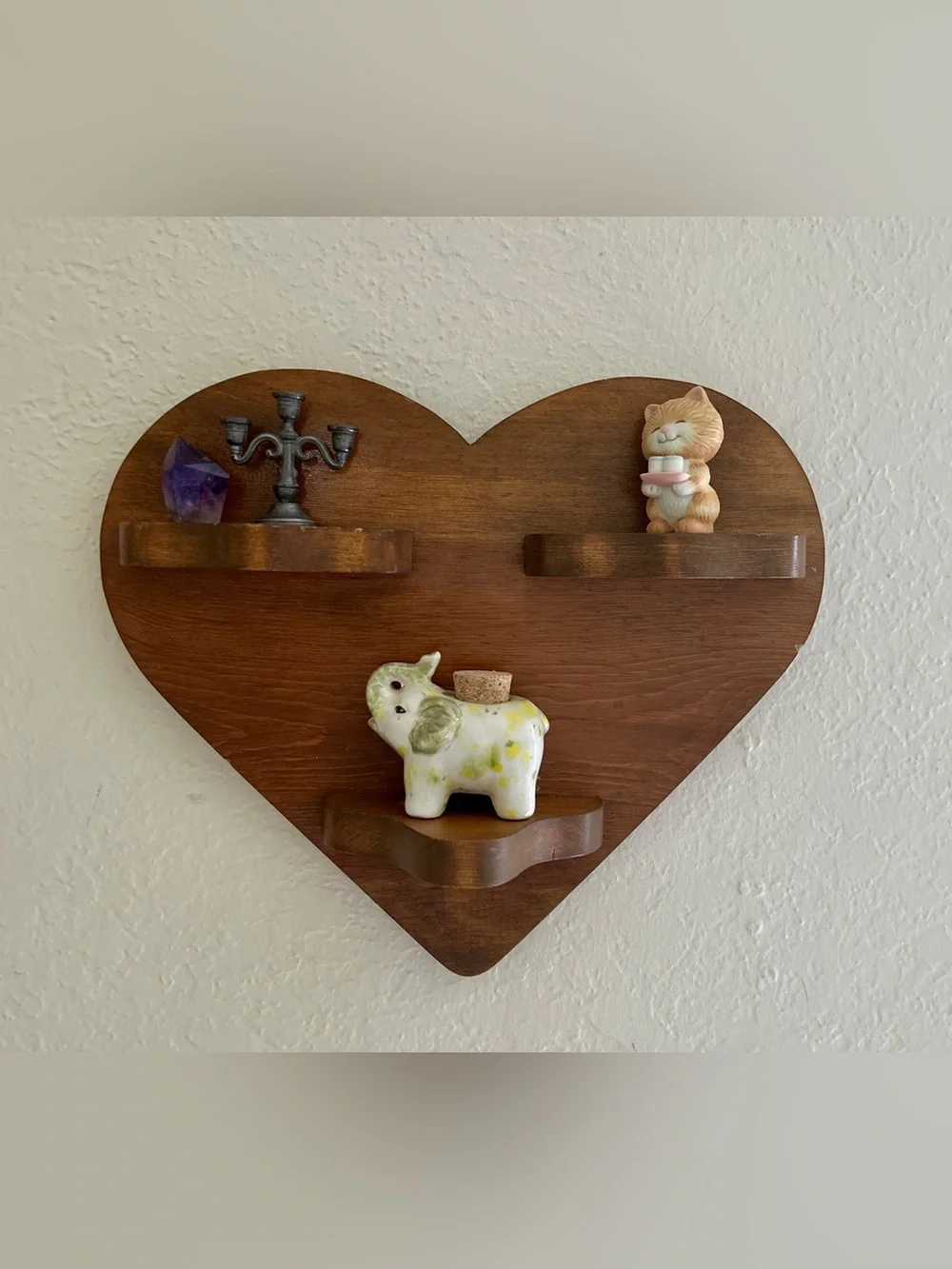 Vintage Handmade Wooden Heart Shaped Wall Trinket Shelf